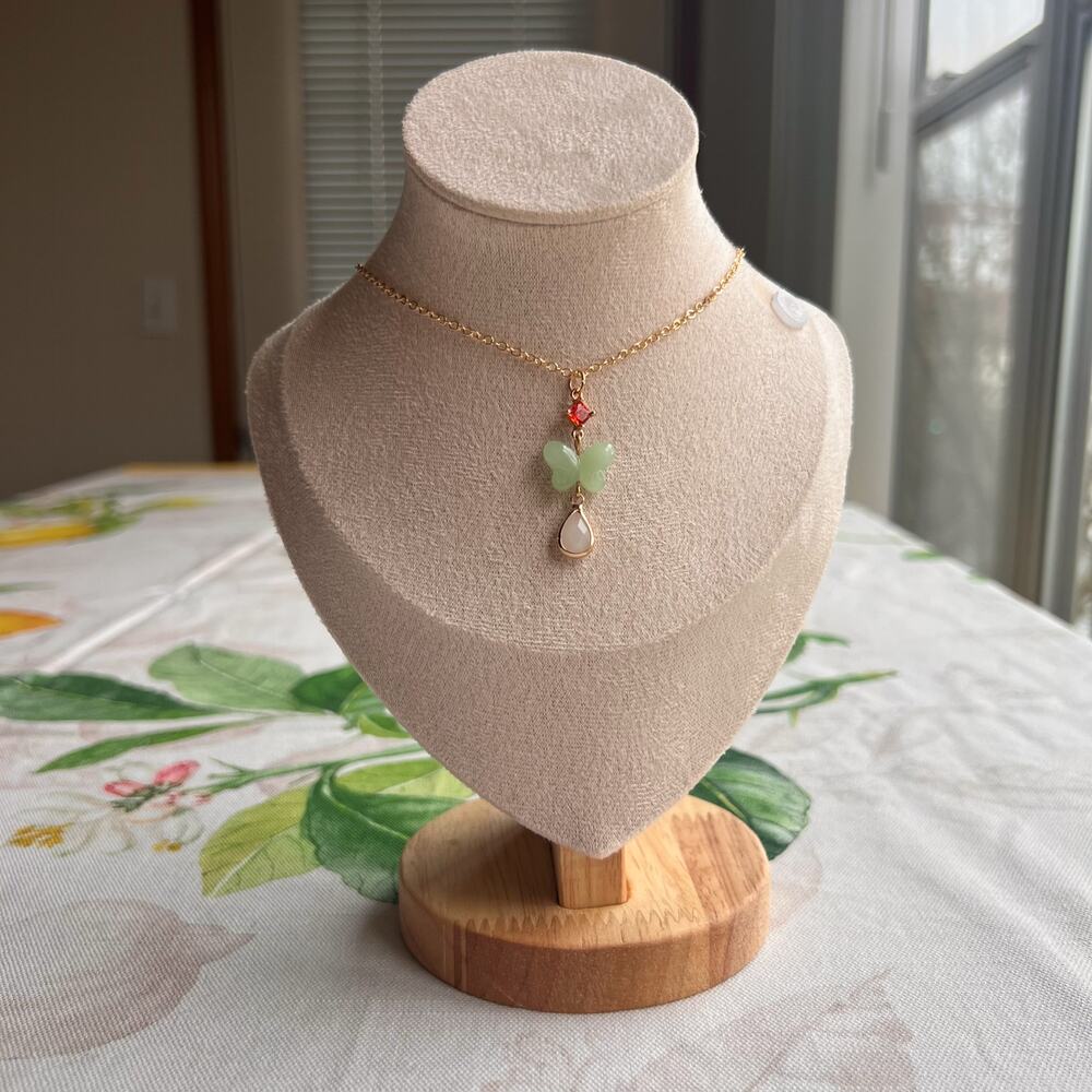 Spring Carnelian Mint Lime Jade Butterfly Necklace, Spring Novelty Fun Necklace